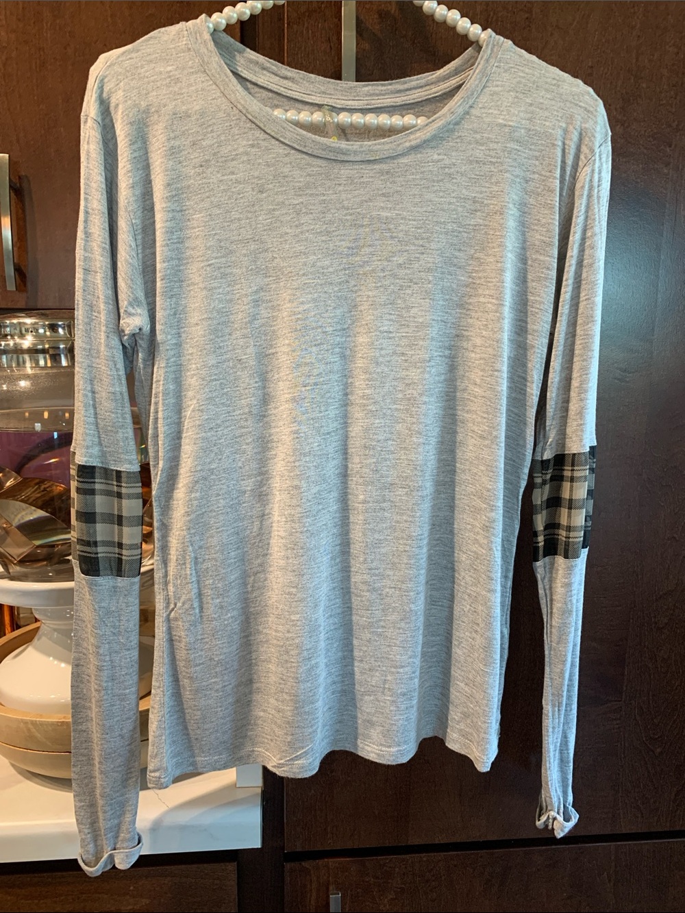 Color Thread Gray LS crew with Plaid Mesh Elbow Panels Size S